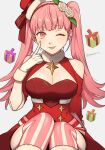  1girl ;) ;p bare_shoulders blunt_bangs box breasts christmas cleavage clothing_cutout commentary_request fire_emblem fire_emblem:_three_houses fire_emblem_heroes gift gift_box gloves grey_background hairband highres hilda_valentine_goneril large_breasts long_hair looking_at_viewer official_alternate_costume one_eye_closed peach11_01 pink_eyes pink_hair pink_thighhighs red_hairband shoulder_cutout simple_background sitting smile solo striped striped_thighhighs thighhighs tongue tongue_out twintails vertical-striped_thighhighs vertical_stripes very_long_hair white_gloves 