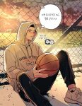  2boys ball basketball_(object) black_eyes black_hair black_pants buzz_cut closed_mouth flower grey_hoodie highres holding holding_ball hood hood_up hoodie kawata_masashi korean_text leaning_back male_focus multiple_boys outdoors pants sawakita_eiji shoes short_hair sitting slam_dunk_(series) sneakers solo_focus sunset tearing_up thought_bubble track_pants translated undercut very_short_hair white_flower wire_fence xktnjrxgvdrd3hy 