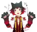  1boy ahoge animal_hands arch_bishop_(ragnarok_online) bell black_choker black_hair brown_coat capelet choker coat commentary_request cone_hair_bun flowery_peko gloves gradient_hair hair_bun jingle_bell looking_at_viewer male_focus multicolored_hair neck_bell official_alternate_costume open_clothes open_coat open_mouth paw_gloves paw_pose ragnarok_online red_eyes red_hair red_shirt shirt short_bangs short_hair simple_background slit_pupils solo teeth translation_request twitter_username upper_body white_background white_capelet 