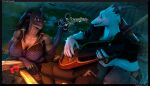 2023 3d_(artwork) 5_fingers anthro aquarius_(petruz) blue_body blue_skin breasts cleavage clothed clothing digital_media_(artwork) duo female fingers hi_res humanoid_hands lizard male male/female melee_weapon musical_instrument petruz_(copyright) playing_music plucked_string_instrument reindeerviking reptile river romantic romantic_ambiance romantic_couple scales scalie scylla_(reindeerviking) singing smile source_filmmaker string_instrument sword tattoo teeth triton water weapon white_body white_scales