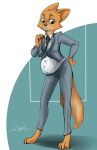 anthro barefoot canid canine clothing diane_foxington dreamworks feet female fox green_eyes hi_res mammal necktie pregnant ransim solo suit the_bad_guys
