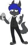 2017 3_toes 4_fingers alpha_channel anthro barefoot biped black_bottomwear black_clothing black_nose black_pants blue_eyes blue_hair bottomwear canid canine canis chokovit_(artist) clothed clothed_anthro clothed_male clothing colored container digital_drawing_(artwork) digital_media_(artwork) domestic_dog feet fingers fur gesture grey_body grey_clothing grey_ears grey_fur grey_tail grey_topwear grey_tuft grey_vest hair hi_res holding_container holding_object malcolm_(dread-furnace) male male_anthro mammal pants prick_ears shirt simple_background solo standing thumbs_up toes topwear transparent_background vest white_clothing white_shirt white_topwear