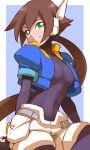 1girl aile_(mega_man_zx) black_bodysuit blue_jacket bodysuit breasts brown_hair covered_navel cropped_jacket green_eyes highres jacket long_hair looking_at_viewer mega_man_(series) mega_man_zx mega_man_zx_advent open_clothes open_jacket ponytail robot_ears shorts shoutaro_saito simple_background small_breasts solo tagme white_shorts 