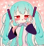  1girl :3 alternate_eye_color aqua_hair banananosongen commentary detached_sleeves english_commentary grey_shirt hand_in_own_hair hand_on_own_cheek hand_on_own_face hatsune_miku heart heart-shaped_pupils heart_background long_hair necktie pink_background red_eyes shirt solo symbol-shaped_pupils twintails very_long_hair vocaloid 