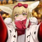  1girl animal_ear_fluff animal_ears arknights blonde_hair blurry blurry_background blush bow bow_hairband chinese_commentary coat colored_tips commentary_request fox_ears fox_girl fur-trimmed_coat fur_trim green_eyes hair_bow hairband highres looking_at_viewer meme multicolored_hair open_mouth pov_cheek_warming_(meme) red_bow red_hairband red_scarf scarf shio_(shiofeifei) solo suzuran_(arknights) two-tone_hair white_coat white_hair 