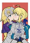  2girls absurdres ahoge armor armored_dress artoria_pendragon_(fate) blonde_hair blush braid chain excalibur_(fate/stay_night) eye_contact fate/grand_order fate_(series) faulds gauntlets green_eyes hands_on_hilt headpiece highres jeanne_d&#039;arc_(fate) kiss long_braid long_hair looking_at_another multiple_girls plackart saber_(fate) single_braid surprise_kiss surprised sword veler_c9 very_long_hair weapon yuri 