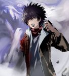  1boy amputee anninn_do_fu black_hair blood blood_from_eyes blood_on_face blue_eyes brown_jacket clothing_request colored_sclera commentary dragon dragon_king_(toaru) highres injury jacket kamijou_touma male_focus open_clothes open_jacket open_mouth red_scarf red_sclera scarf slit_pupils solo spiked_hair spoilers toaru_majutsu_no_index toaru_majutsu_no_index:_genesis_testament 