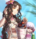  2girls bikini black_hair bracelet braid breasts chagara chest_tattoo closed_mouth commentary cup day demon_pillar_(fate) drinking_straw earrings fate/grand_order fate_(series) flower forehead_tattoo frilled_bikini frills grey_hair hair_flower hair_ornament hair_ribbon hands_up holding jewelry kama_(fate) large_breasts long_hair looking_at_another looking_down looking_to_the_side medium_hair multicolored_hair multiple_girls necklace open_mouth outdoors parted_bangs pearl_bracelet pearl_earrings pearl_necklace pink_bikini pink_flower pink_hair red_eyes red_ribbon ribbon sessyoin_kiara sessyoin_kiara_(swimsuit_mooncancer) sessyoin_kiara_(swimsuit_mooncancer)_(first_ascension) shell shell_necklace smile streaked_hair sweatdrop swimsuit tattoo twin_braids twitter_username underboob upper_body white_bikini yellow_eyes 