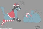 anthro anus backsack balls black_body black_fur blue_body blue_fur bodily_fluids bottomless bottomless_male butt candy candy_cane candy_cane_in_ass christmas christmas_clothing christmas_headwear claws clothed clothing costume dessert dialogue ears_up feet food footwear fur generation_4_pokemon genitals hat headgear headwear hi_res holidays lucario male nintendo nsfwbunniii object_insertion pattern_clothing pokemon pokemon_(species) question rear_view santa_costume santa_hat shaking side_view smile socks solo speech_bubble striped_clothing stripes surprise sweat sweatdrop tail tan_body tan_fur teeth text trembling