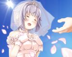  1girl 1other bare_shoulders blue_sky breasts closed_eyes commentary_request day dress flower gloves grey_hair hair_flaps hands_up highres idolmaster idolmaster_cinderella_girls idolmaster_cinderella_girls_starlight_stage koshimizu_sachiko off-shoulder_dress off_shoulder outdoors petals rose see-through sky small_breasts solo_focus sun tears tiara upper_body veil white_dress white_flower white_gloves white_rose yukie_(kusaka_shi) 