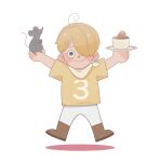  1boy bad_id bad_twitter_id blonde_hair brown_footwear child commentary_request curly_eyebrows food fruit full_body hair_over_one_eye highres holding holding_plate korean_commentary legs_apart looking_at_viewer mouse mulmulgogibbq neckerchief one_piece pastry plate sanji_(one_piece) shirt simple_background smile strawberry t-shirt white_background yellow_neckerchief 