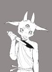  1boy animal_nose azmohdeus bare_shoulders commentary dagger demon demon_boy extra_eyes furry furry_male goat_boy grey_background greyscale highres holding holding_dagger holding_knife holding_weapon horns knife licking_blood male_focus monochrome original rope_belt simple_background solo symbol-only_commentary toga weapon 