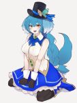  1girl :d animal_ears blue_hair blush braid braided_ponytail breasts character_request copyright_request fangs full_body hat highres looking_at_viewer open_mouth simple_background sitting sketch smile tail thick_eyebrows top_hat wariza white_background white_hair yellow_eyes yonaga_san 