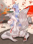 absurd_res amaterasu_(okami) anthro anus canid canine capcom cherry_blossom crossover female fire fox genitals hair hand_on_butt heartlessangel3d hi_res inner_ear_fluff kneeling long_hair mammal markings nude okami_(capcom) one_eye_closed pawpads plant pussy raised_tail red_eyes red_markings solo tail tamamo-chan&#039;s_a_fox tamamo_fushimi tongue tongue_out tuft wink