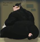 anthro big_butt black_body black_fur butt cigar clothing dialogue disney domestic_cat duo facesitting felid feline felis fur gloves goof_troop handwear ivory-dove looking_at_another looking_back male male/male mammal manly mickey_mouse mouse murid murine nude obese obese_anthro obese_male overweight overweight_anthro overweight_male pete_(disney) peter_pete_sr. rodent sitting sitting_on_another size_difference