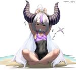  1girl absurdres alternate_costume armpits arms_up barefoot beach black_horns black_one-piece_swimsuit breasts collarbone covered_navel dated demon_horns feet grey_hair hair_between_eyes hair_ornament hair_scrunchie highleg highleg_swimsuit highres hololive horns indian_style la+_darknesss long_hair midnight_(midnightstream3) multicolored_hair nail_polish one-piece_swimsuit outdoors pointy_ears purple_hair purple_one-piece_swimsuit scrunchie signature sitting small_breasts solo streaked_hair striped_horns swept_bangs swimsuit tail toenail_polish toenails toes two-tone_swimsuit tying_hair very_long_hair virtual_youtuber wet white_background 