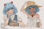  1girl anajudraws artist_name blue_eyes blue_hair blush book bow cup dress grey_background grey_vest hair_bow hair_ribbon hat head_rest highres holding holding_book jewelry light_blue_hair looking_at_viewer medium_hair mug multiple_views necklace open_mouth original red_bow ribbon shadow short_sleeves sleeveless sleeveless_dress straw_hat sun_hat upper_body vest white_dress white_ribbon wrist_cuffs yellow_headwear 