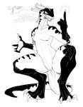 anthro bebebebebe biped black_body crouching fangs female hi_res lizard monochrome open_mouth reptile scalie simple_background slit solo teeth white_background
