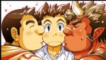  3boys bara beard_stubble black_border bombom border broken_horn brown_eyes brown_hair closed_eyes closed_mouth collared_shirt colored_skin double_cheek_kiss forked_eyebrows game_cg horns kiss kissing_cheek long_sideburns male_focus monster_boy multiple_boys muscular muscular_male official_art ogre oni_horns orgus_(f-kare) outline pink_outline pointy_ears protagonist_(f-kare) red_skin scar scar_on_face scar_on_nose shirt short_hair shoukan_yuusha_to_f-kei_kareshi sideburns sideburns_stubble simple_background sol_(f-kare) sweatdrop thick_eyebrows upper_body white_background white_shirt yaoi 