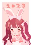  1girl 2023 absurdres animal_ears blunt_bangs bow brown_eyes brown_hair closed_mouth commentary fake_animal_ears hair_bow highres idolmaster idolmaster_cinderella_girls long_hair noniha ogata_chieri pink_background pink_bow rabbit_ears solo symbol-only_commentary twintails upper_body 