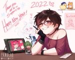  2022 2girls ;d artist_name bird black_choker blush breasts character_request choker duck earrings glasses green_hair grin happy_new_year heart holding holding_pen jewelry multicolored_hair multiple_girls necklace one_eye_closed original pan_(panqlao) panqlao pen red_hair red_shirt shirt short_hair short_sleeves single_bare_shoulder small_breasts smile tablet_pc teeth tiger two-tone_hair upper_body white_background 