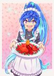  1girl :d @_@ ahoge alternate_costume alternate_hairstyle animal_ears apron aqua_hair bandaid bandaid_on_hand black_shirt blue_eyes blue_hair border carrot chili_pepper commentary_request crossed_bangs enmaided food frilled_apron frills heterochromia highres holding holding_plate horse_ears horse_girl horse_tail jalapeno_pepper long_hair long_sleeves maid maid_apron maid_headdress monmonmur multicolored_hair omelet omurice open_mouth outside_border pink_background plate ponytail purple_eyes sauce sharp_teeth shirt sidelocks smile solo sparkle tail teeth twin_turbo_(umamusume) twitter_username two-tone_hair umamusume upper_body upper_teeth_only very_long_hair white_apron white_border 