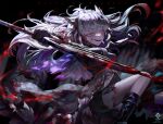  1girl a0lp arknights black_footwear black_shorts blood blood_on_clothes blood_on_face blood_on_weapon coat dark_background english_text eye_trail gesugao grey_coat grey_eyes grey_hair highres holding holding_sword holding_weapon lappland_(arknights) light_trail looking_at_viewer parted_lips shorts smile solo sword torn_clothes weapon 