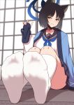  1girl animal_ear_fluff animal_ears black_choker black_hair black_nails blue_archive blue_footwear blue_halo blue_neckerchief blue_sailor_collar blurry blurry_background blush breasts cat_ears cat_girl choker collarbone eyelashes feet foot_focus foreshortening green_eyes halo haori highres holding holding_sandals indoors japanese_clothes jkisaradu kikyou_(blue_archive) kneehighs knees_up large_breasts legs_together long_sleeves looking_at_viewer medium_hair nail_polish neckerchief no_shoes parted_bangs pleated_skirt ribbed_socks sailor_collar sandals school_uniform serafuku sitting skirt socks soles solo thighs toes unworn_sandals white_socks 