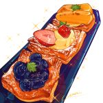  blueberry dessert food food_focus fruit highres leaf miri_illust no_humans original pastry sparkle strawberry sugar_(food) tray white_background 