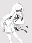  1girl alternate_breast_size blindfold blue_archive blush breasts colored_skin covered_eyes dress edobox feet_out_of_frame grey_background large_breasts long_hair long_sleeves ohr_(blue_archive) open_mouth simple_background smile solo white_dress white_hair white_skin 