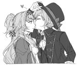  2girls ascot checkered_hairband coat dress from_side greyscale gyeol_124 hat heart high_collar highres kiss kissing_nose long_hair long_sleeves monochrome multiple_girls parted_lips profile reverse:1999 sonetto_(reverse:1999) top_hat two_side_up upper_body vertin_(reverse:1999) yuri 
