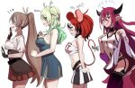  4girls ahoge animal_ears animal_print bare_shoulders belt bikini bikini_under_clothes black_collar black_hair black_panties black_skirt blue_eyes blue_ribbon blush branch breasts brown_corset brown_gloves brown_hair ceres_fauna ceres_fauna_(1st_costume) cleavage closed_mouth clothes_lift collar colored_tips corset cow_print cow_print_bikini crop_top demon_horns dress dress_lift earrings english_text feather_hair_ornament feathers flower frilled_dress frilled_skirt frills garter_straps gloves gradient_hair gradient_legwear green_dress green_eyes green_hair hair_flower hair_ornament hakos_baelz hakos_baelz_(1st_costume) halo heterochromia high_ponytail highres hololive hololive_english horns irys_(hololive) irys_(irys_2.0)_(hololive) jewelry long_hair looking_at_viewer looking_down medium_breasts midriff miniskirt mouse_ears mouse_girl mouse_tail multicolored_hair multiple_girls nanashi_mumei nanashi_mumei_(1st_costume) necklace off-shoulder_dress off-shoulder_shirt off_shoulder panties partially_fingerless_gloves pink_eyes pleated_skirt pointy_ears purple_hair purple_thighhighs red_hair ribbon shirt sho-n-d short_dress short_hair sidelocks simple_background skirt spiked_collar spikes stomach streaked_hair surprised swimsuit tail tail_ornament tail_ribbon thighhighs tongue tongue_out twintails underwear very_long_hair virtual_youtuber wavy_hair white_dress white_hair white_shirt white_skirt 