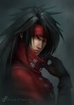  1boy artist_name black_gloves black_hair cloak closed_mouth commentary dated english_commentary final_fantasy final_fantasy_vii final_fantasy_vii_rebirth from_side gloves glowing glowing_eyes headband highres lips long_hair looking_at_viewer looking_to_the_side male_focus phantomyre red_cloak red_eyes red_headband solo spiked_hair upper_body vincent_valentine 