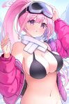  1girl bikini black_bikini blue_archive blush breasts cleavage eimi_(blue_archive) eimi_(swimsuit)_(blue_archive) goggles goggles_on_head halo highres jacket large_breasts long_hair long_sleeves navel nomio official_alternate_costume open_clothes open_jacket parted_lips pink_eyes pink_hair pink_halo pink_jacket ponytail solo swimsuit upper_body very_long_hair 