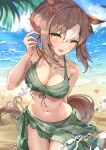  1girl alternate_costume animal_ears artist_name bare_shoulders beach bikini blush breasts brown_hair cleavage collarbone commentary fine_motion_(umamusume) green_bikini green_sarong hair_between_eyes hair_ornament highres horse_ears horse_girl horse_tail korokoro_nekoz large_breasts looking_at_viewer medium_breasts midriff multicolored_hair navel ocean open_mouth outdoors sarong sidelocks smile solo sparkling_aura starfish stomach streaked_hair swimsuit tail two-tone_hair umamusume v-shaped_eyebrows water_drop white_hair yellow_eyes 