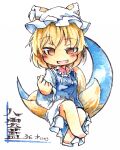  1girl blonde_hair blue_tabard chibi fox_tail full_body hat kibayashi_kimori long_sleeves looking_at_viewer medium_hair mob_cap multiple_tails one-hour_drawing_challenge open_mouth orange_eyes simple_background solo tabard tail touhou white_background white_headwear wide_sleeves yakumo_ran 