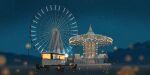  amusement_park carousel cat chair ferris_wheel night night_sky no_humans original outdoors sakurada_chihiro scenery sky star_(sky) starry_sky table 