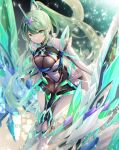  1girl armor armored_bodysuit black_bodysuit bodysuit breasts chest_jewel closed_mouth commentary_request core_crystal_(xenoblade) earrings gloves green_eyes green_hair highres jewelry large_breasts long_hair looking_at_viewer pneuma_(xenoblade) ponytail smile solo swept_bangs tiara ui_frara very_long_hair white_armor white_gloves xenoblade_chronicles_(series) xenoblade_chronicles_2 