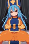  1girl absurdres blue_hair blue_headwear blue_tabard blush bodysuit breasts closed_mouth commentary_request dragon_quest dragon_quest_iii gloves hair_between_eyes hat highres large_breasts lifted_by_self long_hair looking_at_viewer orange_bodysuit orange_gloves priest_(dq3) red_eyes sitting smile solo spread_legs tabard tabard_lift thick_thighs thighs zankuro 