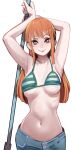  1girl absurdres armpits arms_up bikini bikini_top_only breasts brown_eyes cleavage denim earrings green_bikini groin highres holding holding_staff jeans jewelry large_breasts long_hair looking_at_viewer nami_(one_piece) navel one_piece orange_hair pants sho-n-d sidelocks simple_background smile staff stomach swimsuit underboob white_background 