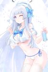  1girl alternate_costume blue_archive blue_bow bow breasts closed_mouth dano drink hair_over_shoulder halo hands_up hat heart holding holding_drink long_hair navel noa_(blue_archive) one_eye_closed purple_eyes sailor see-through short_sleeves smile solo stomach swimsuit thighhighs very_long_hair white_background white_hair white_headwear 