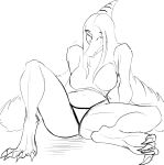 4_toes absurd_res anthro bone_frill breasts butt claws clothing digitigrade eyes_closed fang_(gvh) feathered_wings feathers feet female foot_focus frill_(anatomy) goodbye_volcano_high hair hi_res long_hair monochrome navel panties pterodactylus pterosaur reptile scalie simple_background sitting snoot_game snout solo toe_claws toes underwear unknown_artist wings