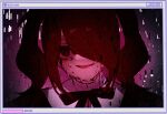  1girl ame-chan_(needy_girl_overdose) black_ribbon close-up commentary crying crying_with_eyes_open digital_dissolve hair_over_one_eye highres looking_at_viewer medium_hair momokokuma needy_girl_overdose one_eye_covered open_mouth ribbon sad_smile smile solo static tears twintails webcam window_(computing) 