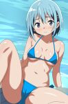  1girl arm_support bare_shoulders bikini blue_bikini blue_eyes blue_hair blush breasts cameltoe closed_mouth collarbone hair_ornament hairclip halterneck highres looking_at_viewer mahou_shoujo_madoka_magica medium_breasts micro_bikini miki_sayaka navel short_hair side-tie_bikini_bottom sitting solo sora_nyan spread_legs swimsuit thighs water 