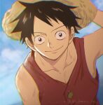 1boy bad_id bad_twitter_id black_hair blue_sky buttons close-up commentary commentary_request hand_on_headwear hat looking_at_viewer male_focus monkey_d._luffy namagomi_(op_laaaaw_tan) one_piece red_shirt shirt short_hair sky sleeveless sleeveless_shirt smile solo spiked_hair straw_hat upper_body 