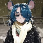  1girl animal_ears black_coat blizzard blue_eyes blue_hair closed_mouth coat cold facepaint hair_over_one_eye highres husbant_(meme) light_frown long_sleeves looking_at_viewer medium_hair meme mouse_ears mouse_girl original pale_skin parasoru_buruu parted_bangs scarf snow snow_on_body snow_on_head snowing solo upper_body white_scarf winter winter_clothes winter_coat 