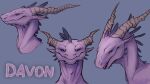 absurd_res blue_background cheek_spikes chin_spikes davon dragon ethan0 facial_spikes feral front_view hi_res horn long_horn male model_sheet open_mouth pink_body portrait profile_view side_view simple_background solo spikes spikes_(anatomy) white_eyes