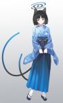  1girl agas_(vpwt7475) animal_ears black_eyes black_hair blue_archive blue_hakama blue_kimono blush cat_ears cat_tail hakama highres japanese_clothes kikyou_(blue_archive) kimono long_sleeves multiple_tails parted_lips short_hair socks solo tabi tail two_tails white_socks wide_sleeves zouri 