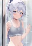  1girl against_glass alternate_costume alternate_hairstyle bare_arms bare_shoulders bathroom blue_archive blue_eyes blue_hair breasts closed_mouth collarbone commentary double-parted_bangs grey_sports_bra hair_between_eyes hair_intakes hand_on_glass highres index_finger_raised light_blue_hair looking_at_viewer midriff miyako_(blue_archive) mochiko_(uyu_omochi) navel ponytail small_breasts smile solo sports_bra upper_body 