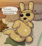  &lt;3 animal_crossing animate_inanimate anthro anus blush bodily_fluids breasts brown_body coco_(animal_crossing) dialogue english_text female genital_fluids genitals hand_on_face hi_res hollow_eyes inverted_nipples lagomorph legs_up leporid liarborn long_ears mammal nintendo nipples presenting presenting_pussy pussy pussy_juice rabbit small_breasts solo tailwag text video_games 